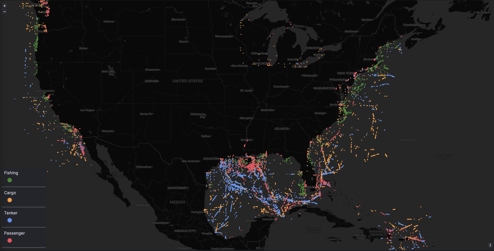 A very cool view. Multi-colored dots around the continental united states, each a different color and representing different vessel types. Lots of tankers & passenger vessels in the south. Lots of shipping everywhere.